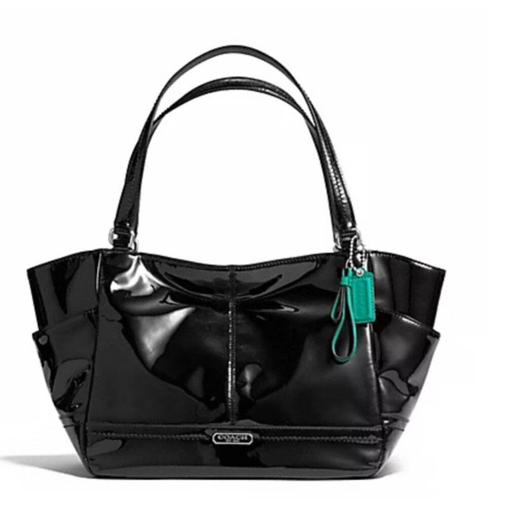 Vtg Coach Hampton Park Carrie Black Patent Leather Purse Tote Bag Teal Y2K A1